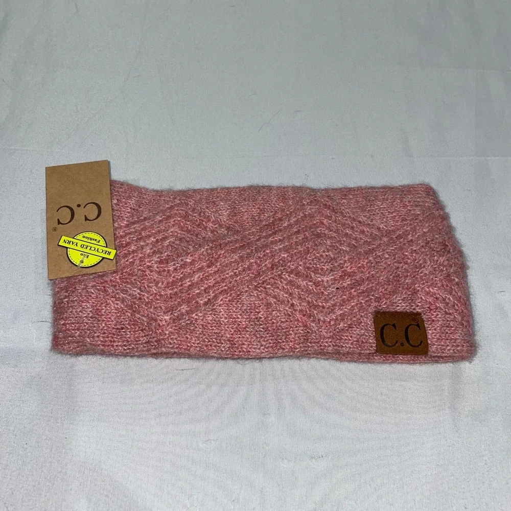 C.C. Beanie Pink Cable Knit Headband Ear Warmer Recycled Yarn NWT